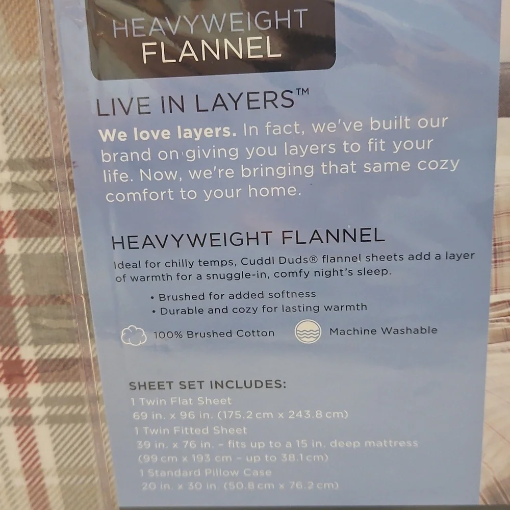 Cuddl Duds NWT Plaid Cream Cranberry Gray  Heavyweight Flannel Twin Sheet Set